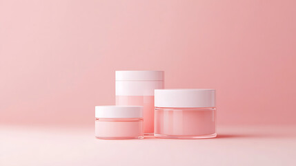 Three pink cosmetic jars with white lids against a pink background studio shot