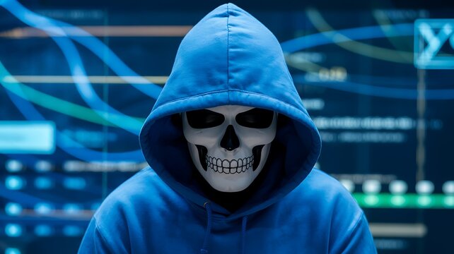 Hacker wearing skull mask in blue hoodie anonymous cybercrime
