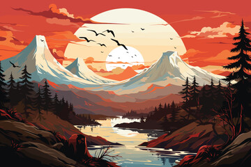 Sunset in the mountains and river landscape scene vector and illustration