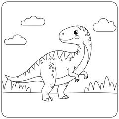 Cute Cartoon Dinosaur Coloring Page – Playful Dinosaur with Spotted Body and Clouds for Kids