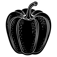 A stylized black and white illustration of a bell pepper isolated on a white background