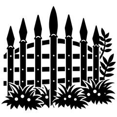 A black and white illustration of a wooden fence with bushes and plants