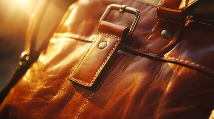Close up of a brown leather bag with a buckle in warm sunlight details