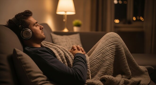 Relaxed man listening to music on couch under blanket in warm light