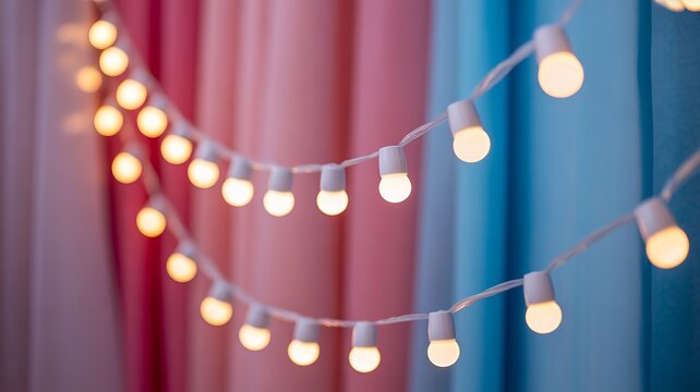 Warm glowing fairy lights strung against soft pastel curtains create cozy ambiance - Powered by Adobe