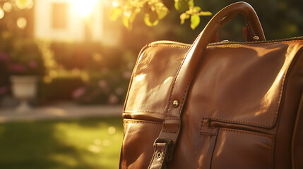 Close up of a brown leather briefcase with a blurred outdoor background