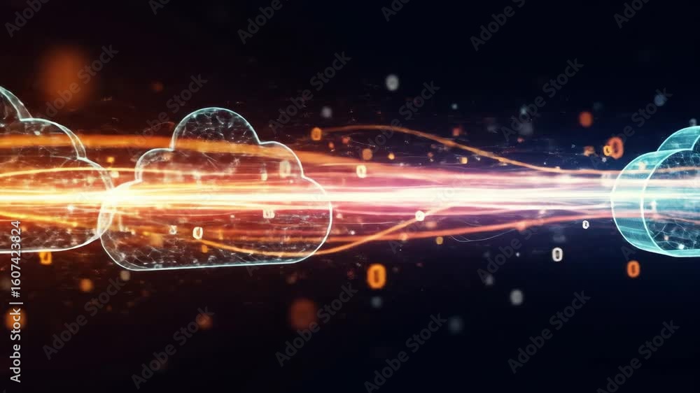 Aufkleber high-speed data transfer between cloud servers - two stylized cloud server icons are connected by a 