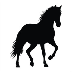 Silhouette of a horse with flowing mane and tail. The horse is captured in mid-stride, showcasing a graceful and strong stance.