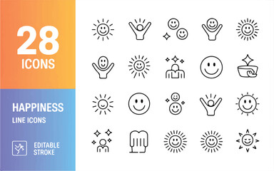 Twenty Eight Happiness Line Art Icons With Smiling Sun and People Figures happy face