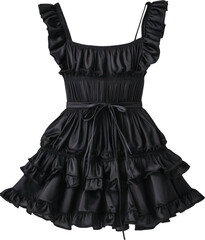 Black satin ruffled mini dress with drawstring detail vector