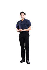 Confident Man in Modern Attire: A poised individual, dressed in a contemporary navy polo shirt and smart black trousers, stands with a relaxed yet professional posture. © NETI studio