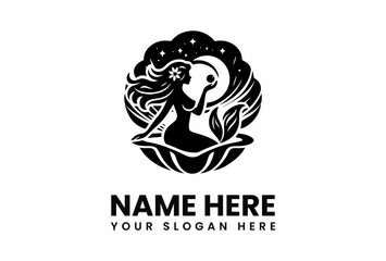Silhouette Mermaid Holding Pearl in a Starry Night Shell Logo.