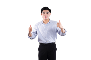 Positive Affirmation: A confident professional, dressed in a crisp button-up shirt and tailored trousers, offers a double thumbs-up, embodying approval and positivity.