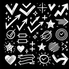 Set of crayon drawings. Chalk crayon underline, check mark, scribble and texture in rough hand sketch style. Drawn heart, frame, star design shapes. Vector illustration. EPS version.