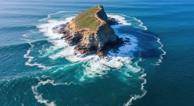 Rugged Coastal Island with Crashing Waves and a Winding Path to the Summit