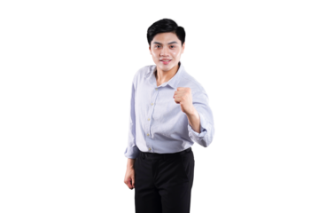 Man's Confident Gesture: A portrait of a poised man in smart attire, radiates strength and determination, his clenched fist and gaze embodying focus and resolve.