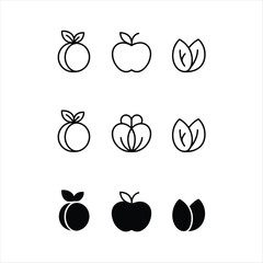Nine Black and White Fruit and Leaf Icons on White Background
