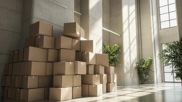 Boxes stacked in a hallway