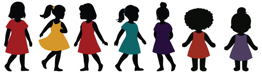 Children silhouette in colored clothes set White background
