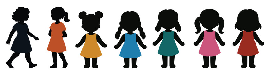 Children silhouette in colored clothes set White background