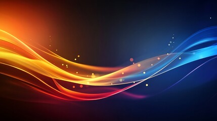 Abstract flowing light streaks in orange, red and blue on a dark background with particles