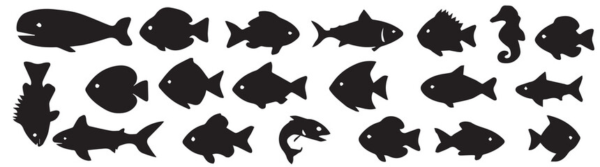 Fishes silhouettes set white background