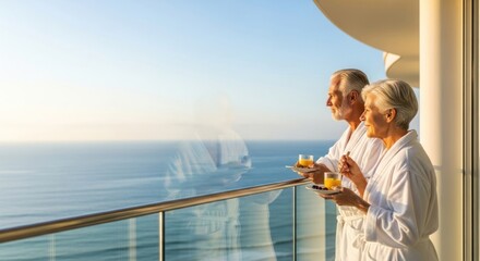 Senior couple in bathrobes enjoying breakfast with ocean view on balcony