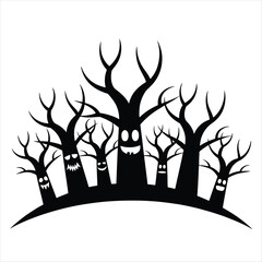 Silhouetted Halloween Trees with Smiling Faces black