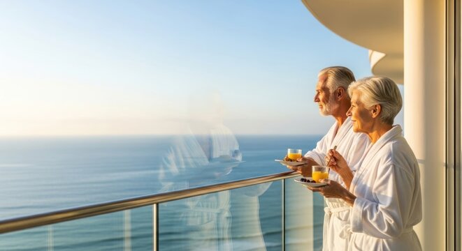 Senior couple in bathrobes enjoying breakfast with ocean view on balcony - Powered by Adobe