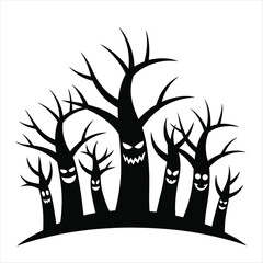 Spooky Black Trees with Faces on White Background Halloween