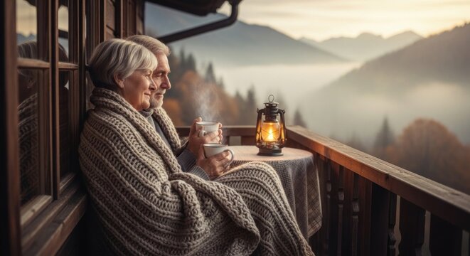 Senior couple wrapped in blanket enjoying coffee on balcony with mountain view