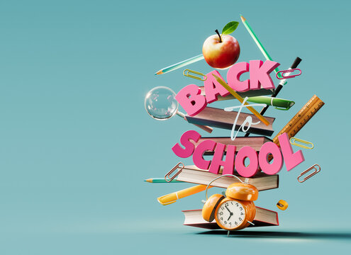 Back To School text and school accessories on blue background with copy space. Ready for school concept design. 3D Rendering, 3D Illustration
