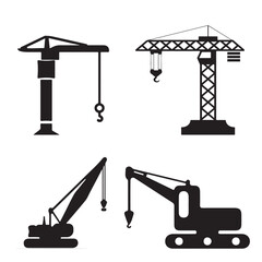 Vector illustration set of construction tools and heavy machinery icons including drill and industrial equipment