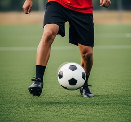 Soccer Player Dribbling Ball on Green Field