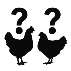 Two Black Chicken Silhouettes with Question Marks on White Background