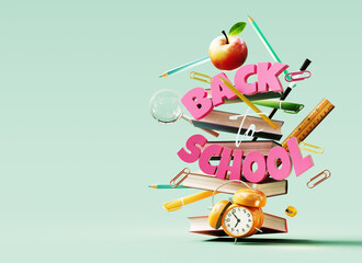 Back To School text and school accessories on green background with copy space. Ready for school concept design. 3D Rendering, 3D Illustration	