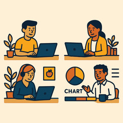 Cartoon office worker using laptop vector illustration for business and technology