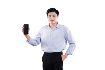 Confident Professional showcasing smartphone: A sharp, focused businessman stands with a smartphone, emanating competence and approachability. Perfect for tech and communication projects.