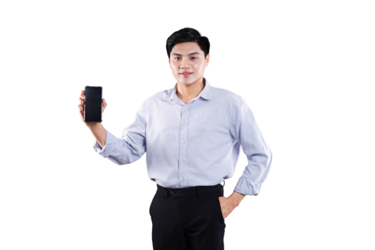 Confident Professional showcasing smartphone: A sharp, focused businessman stands with a smartphone, emanating competence and approachability. Perfect for tech and communication projects.  - Powered by Adobe