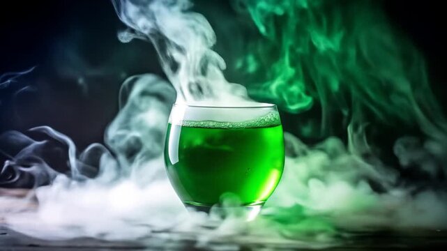 Mysterious green potion in a glass, steaming with smoke