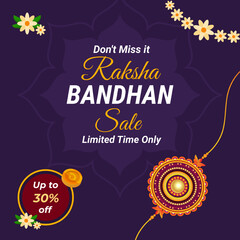 Purple Raksha Bandhan sale poster. Don't Miss it Raksha Bandhan Sale. Limited Time Only. Up to 30% off. Rakhi Sale Banner. Vector. Illustration. 30% Discount.