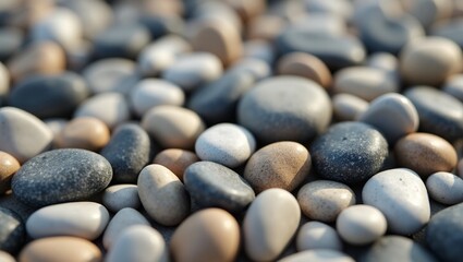 Rocks on the coast at Hellnar. Iceland. Close-up of stones on beach. Small sea stones, gravel. Background. Textures. Grey and brown coloured pebbles