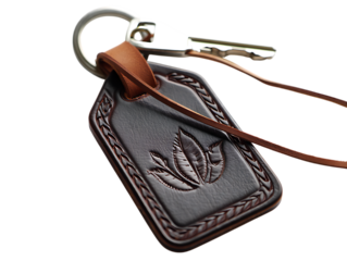 Close up of a vintage leather keychain with a single key and decorative embossing isolated on transparent background