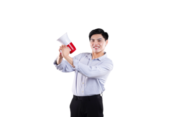 Communication Vision: An attractive man confidently delivers a powerful message with a megaphone, embodying effective communication and leadership against a minimalist backdrop.