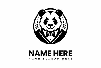 Sophisticated Panda Logo with Bow Tie and Laurel Wreath Design.