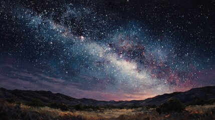 Night sky panorama with Milky Way over mountains