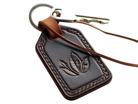 Close up of a vintage leather keychain with a single key and decorative embossing isolated on transparent background