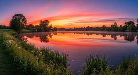 Obraz premium Serene Lake Reflection at Sunset with Vibrant Sky and Lush Greenery