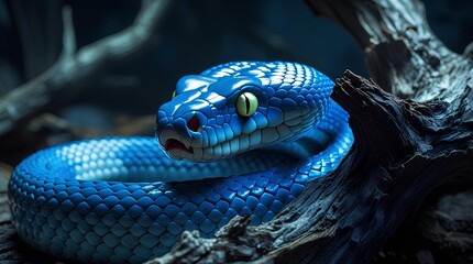 Fototapeta premium Vibrant Blue Snake With Striking Yellow Eyes and Glossy Scales in Dark Forest