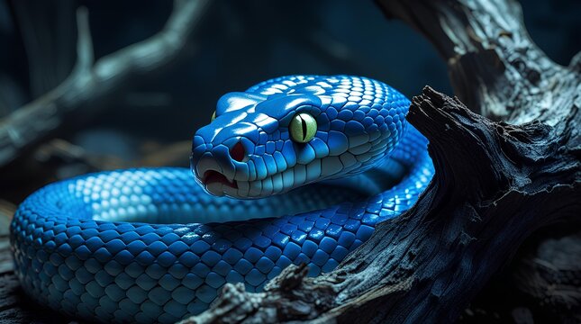 Vibrant Blue Snake With Striking Yellow Eyes and Glossy Scales in Dark Forest